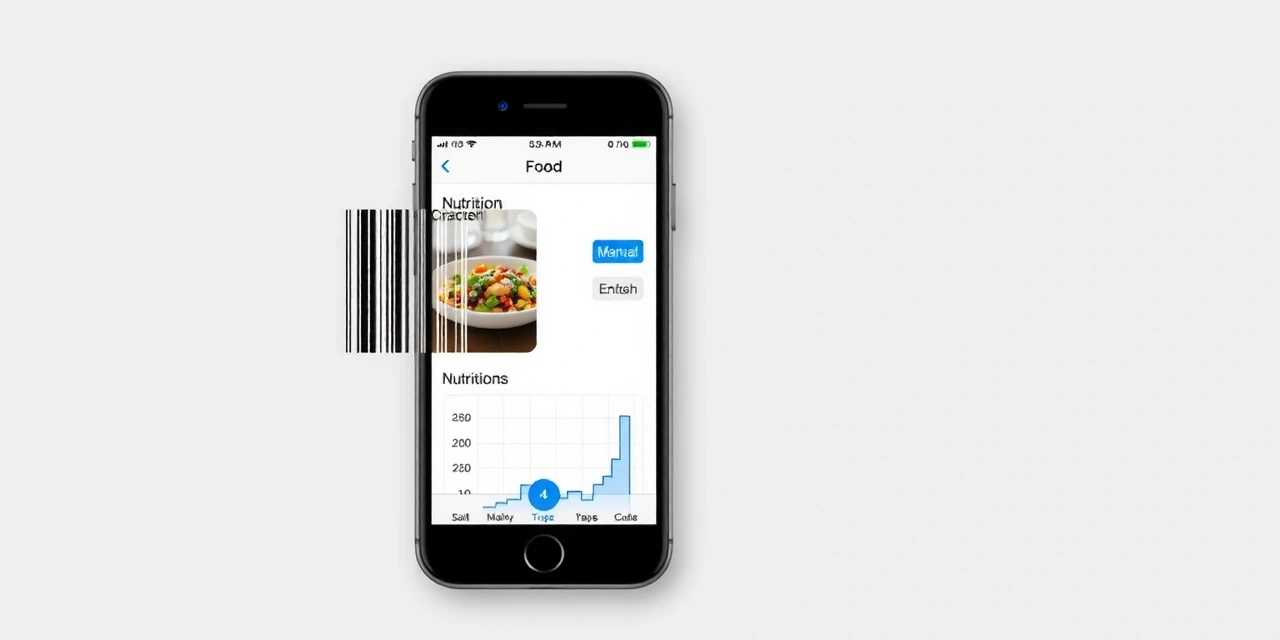 Food logging interface showing barcode scanning, manual entry, and nutritional analysis features with clean modern design